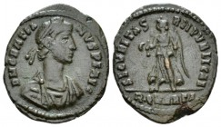 Gratian, 367-383 Follis circa, Æ 18mm., 3.07g. D N GRATIANVS P F AVG Diademed, draped and cuirassed bust r. Rev SECVRITAS REI PVBLICAE Victory advanci...