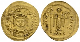 Maurice Tiberius, 582 – 602. Solidus Antiochia 582-602, AV 23.5mm., 4.39g. Cuirassed and draped bust facing, wearing crowned and diademed plumed helme...