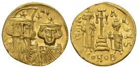 Constans II, 641 – 668 and associate rulers from 654. Solidus Constantinople 654-659, AV 19mm., 4.33g. d N CONSTANTINЧS CCONSTANT Facing busts of Cons...