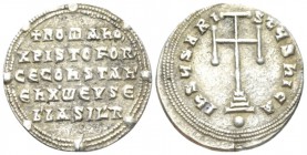 Romanus I, Christopher, and Constantine VII, 921-931. Miliaresion 921-931, AR 24mm., 2.91g. IhSVS XRI-STVS NICA Cross potent over three steps and glob...