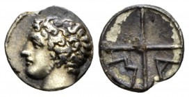 Gallia, Massalia Obol circa 215-200, AR 10mm., 0.63g. Gaul, Massalia. , AR 10mm, 0.63g. Male head l. Rev. Inscribed wheel. DT pl. II, 580. Depeyrot 18...