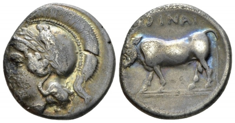 Campania, Hirya Didrachm circa 405-385, AR 19mm., 6.76g. Helmeted head of Athena...