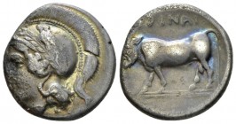 Campania, Hirya Didrachm circa 405-385, AR 19mm., 6.76g. Helmeted head of Athena r. Rev. Man-headed bull r. Historia Numorum Italy 539. SNG France 603...