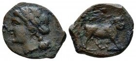 Campania, Neapolis Bronze circa 275-250, Æ 15mm., 1.91g. Laureate head of Apollo r. Rev. Man-headed bull standing r., being crowned by Nike flying abo...