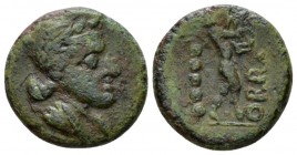 Apulia, Orra Quincunx circa 210-150, Æ 16.5mm., 3.89g. Draped bust of Venus r., wearing laureate stephanos. Rev. Cupid standing r., playing kithara; f...