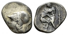 Apulia, Teate Diobol circa 325-275, AR 11mm., 0.98g. Head of Athena l., wearing Corinthian helmet. Rev. Herakles fighting Nemean lion; in r. field clu...