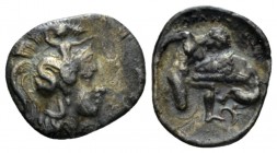 Calabria, Tarentum Diobol circa 380-325, AR 13.5mm., 0.87g. Helmeted head of Athena left, helmet decorated with Skylla. Rev. Herakles kneeling, strang...