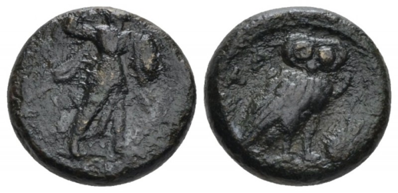 Lucania, Metapontum Bronze circa 250-200, Æ 13mm., 3.22g. Athena advancing r. Re...