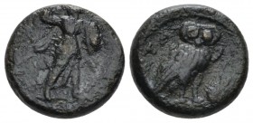 Lucania, Metapontum Bronze circa 250-200, Æ 13mm., 3.22g. Athena advancing r. Rev. Owl standing on barley-ear. Johnston 68. Historia Numorum Italy 170...