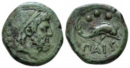 Lucania, Second Punic War. Poseidonia as Paestum Quadrans circa 218-201, Æ 17mm., 4.35g. Diademed male head r.; behind, three pellets. Rev. Dolphin r....