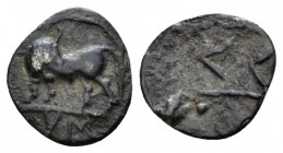 Lucania, Sybaris Obol circa 550-510, AR 9.50mm., 0.38g. Bull standing left, head right; in exergue, V M. Rev. Large M V; around, four pellets . SNG AN...