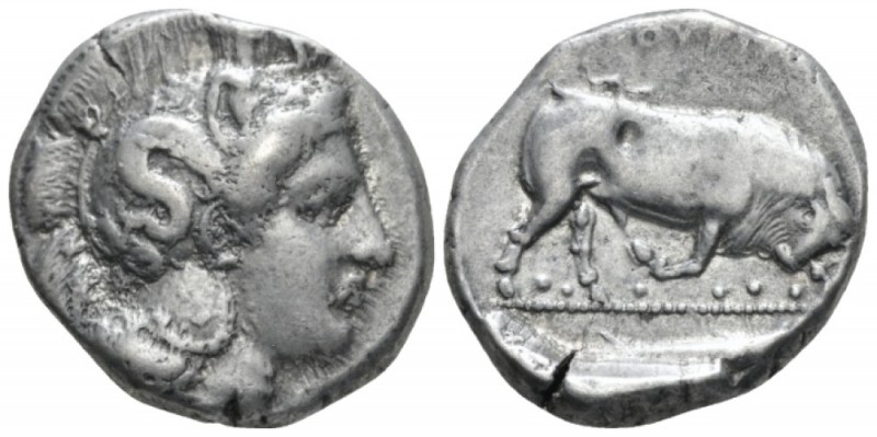 Lucania, Thurium Dinomos circa 400-350, AR 25.5mm., 15.24g. Head of Athena r., w...
