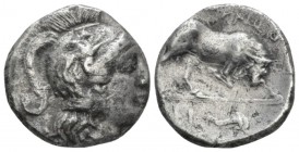 Lucania, Thurium Reduced Nomos After 280, AR 18.5mm., 6.04g. Head of Athena r., wearing Attic decorated with hippocampus. Rev. Bull butting r.; in exe...