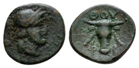 Lucania, Thurium Bronze after 300, Æ 10mm., 0.80g. Head of Athena r., wearing Attic helmet, Rv. Bucranium facing, decorated with fillets. SNG Copenhag...