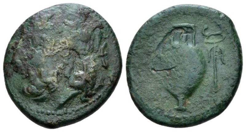 Bruttium, Croton Bronze circa 333-331, Æ 13mm., 2.18g. Head of Heracles l., wear...