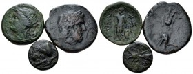 Bruttium, Locri Lot of 3 Bronzes circa 350-270, Æ 18mm., 14.08g. Large lot of 3 bronzes: Head of Zeus/ Thunderbolt (Historia Numorum Italy 2357); Head...