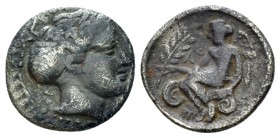 Bruttium, Terina Triobol circa 400-356, AR 12mm., 1.06g. Head of the nymph r, wearing sphendone; behind, A. Rev. Winged Nike seated on Ionic capital, ...