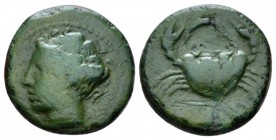 Bruttium, Terina Bronze circa 350-275, Æ 15mm., 3.53g. Female head l. Rev. Crab; above, crescent. Holloway & Jenkins 119. Historia Numorum Italy 2644....