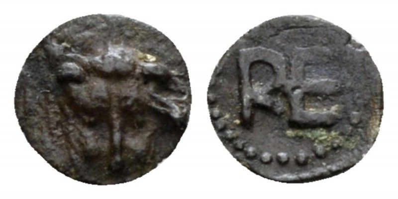 Bruttium, Rhegium Hexas circa 450-445, AR 6mm., 0.14g. Lion mask. Rev. RE. SNG A...
