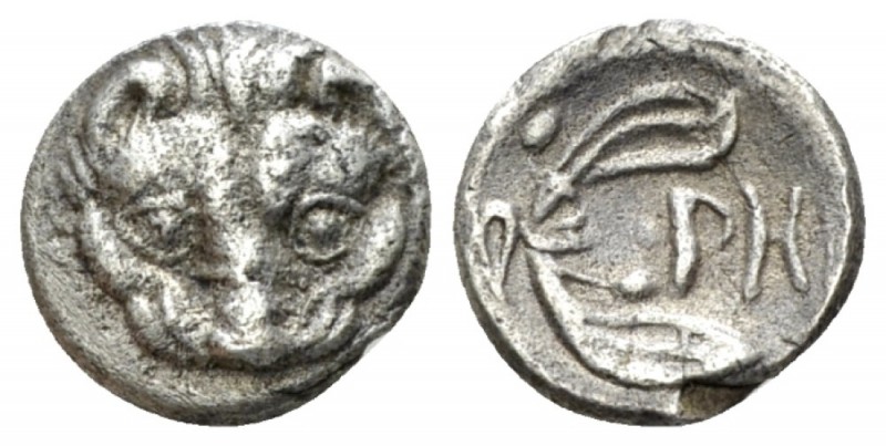 Bruttium, Rhegium Obol circa 415-387, AR 9.5mm., 0.94g. Lion mask. Rev. PH and o...