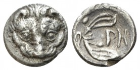 Bruttium, Rhegium Obol circa 415-387, AR 9.5mm., 0.94g. Lion mask. Rev. PH and olive sprig. Herzfelder pl. XI, J. Historia Numorum Italy 2499.

Very...