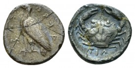Sicily, Agrigentum Litra circa 450-440, AR 10.5mm., 0.53g. Eagle, with closed wings, standing l. Rev. Crab. SNG Copenhagen –. SNG ANS –. SNG Lloyds –....