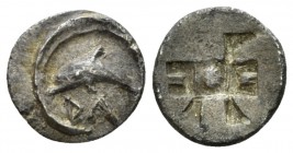 Sicily, Messana. As Zankle Litra circa 500-493, AR 10mm., 0.64g. DA Dolphin l.; around linear. Rev. Shell, within square, divided in nine areas. SNG F...