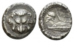 Sicily, Messana-Zankle Diobol circa 493-448 (Samian occupation), AR 11mm., 1.28g. Facing lion's scalp. Rev. Prow of a Samaina (Samian galley) l., Cori...