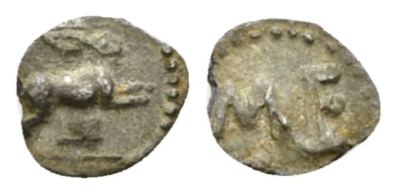 Sicily, Messana Hexas circa 460-426, AR 6.5mm., 0.05g. Hare r.; below, leaf. Rev...