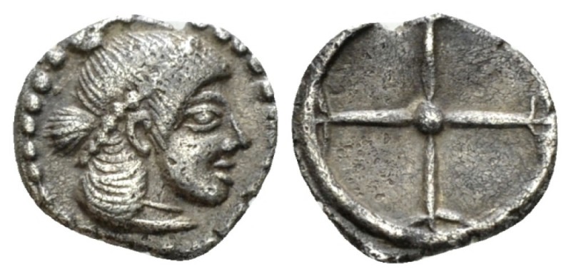 Sicily, Syracuse Litra circa 480-475, AR 9.5mm., 0.60g. Head of Arethusa r. Rev....