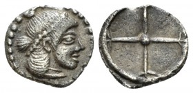 Sicily, Syracuse Litra circa 480-475, AR 9.5mm., 0.60g. Head of Arethusa r. Rev. Wheel. Boehringer 364-365.

Toned. Good Very Fine.

 



This...
