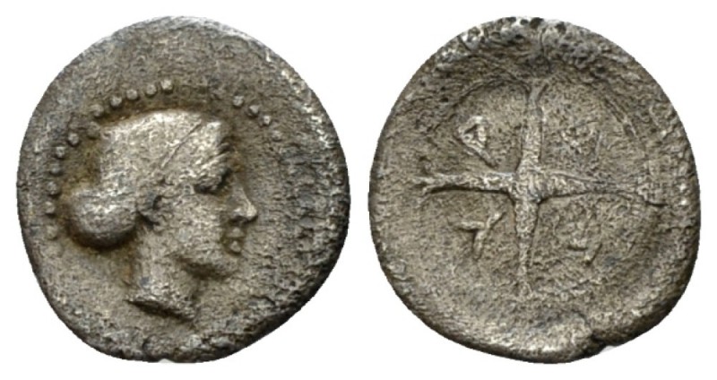 Sicily, Syracuse Hemilitra circa 440-430, AR 12.5mm., 0.32g. Head of Arethusa r....