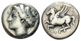 Sicily, Agathokles, 317-289. Syracuse Drachm circa 306/4-289, AR 14.5mm., 2.70g. Head of Arethusa l., hair in band. Rev. Pegasus flying l. BAR –. HGC ...