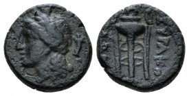 Sicily, Under Romans. Syracuse Bronze after 212, Æ 12.5mm., 1.63g. Laureate head of Apollo l. Rev. Tripod. Calciati 212. SNG Copenhagen 892.

Dark p...