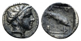 Macedonia, Amphipolis Obol circa 410-357, AR 7mm., 0.40g. Youthful male head r. Rev. Fish within frame. SNG ANS 83. SNG Copenhagen 41. Scarce. Toned a...