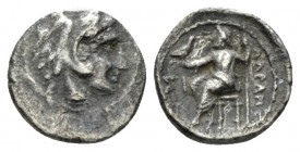 Kingdom of Macedon, Alexander III, 336 – 323 Sidon Obol circa 332-323, AR 10.5mm., 0.55g. Head of Herakles right, wearing lion skin. Rev. Zeus Aëtopho...