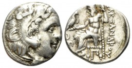 Kingdom of Macedon, Alexander III, 336 – 323 Kolophon Drachm circa 310-301, AR 18mm., 4.30g. Head of Herakles r., wearing lion skin. Rev, Zeus Aëtopho...