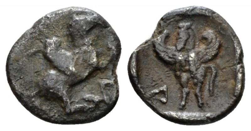 Acarnania, Leucas Diobol circa 440-400, AR 11mm., 0.87g. Pegasus with curled win...