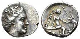 Euboea, Histiaia Tetrobol 196-146, AR 15mm., 2.29g. Wreathed head of nymph Histiaia right. Rev. IΣTIAIEΩN Nymph seated right on galley, holding stylis...