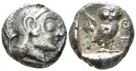 Attica, Athens Tetradrachm circa 495-480, AR 22mm., 16.57g. Helmeted head of Athena r. Rev. Owl, standing r., in upper l. field, olive sprig and cresc...
