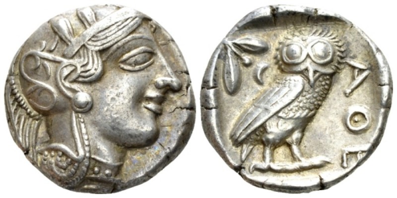 Attica, Athens Tetradrachm after 449, AR 25.5mm., 17.10g. Head of Athena r., wea...