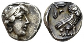 Attica, Athens Drachm after 449, AR 14mm., 4.28g. Head of Athena r., wearing crested Attic helmet with three olive leaves over visor and spiral palmet...