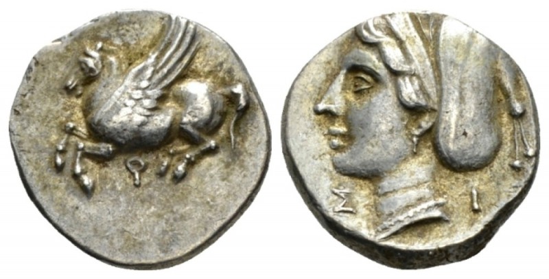 Corinthia, Corinth Drachm circa 350-300, AR 15.5mm., 2.68g. Pegasus flying l. Re...