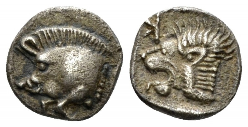 Mysia, Cyzicus Diobol circa 525-475, AR 10mm., 0.76g. Forepart of boar l.; tunny...