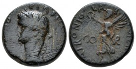 Corinthia, Corinth Tiberius, 14-37 Bronze circa 12-16, Æ 18.5mm., 6.44g. Laureate head l. Rev. Nike advancing l, holding wreath. Amandry XIV34. Dc RII...