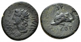 Corinthia, Corinth Claudius, 41-54 Semis circa 50-51, Æ 16mm., 3.54g. Radiate and draped bust of Helios l. Rev. Melikertes riding dolphin l. BCD Corin...