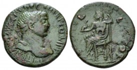Corinthia, Corinth Trajan, 98-117 Bronze circa 98-117, Æ 21.5mm., 7.25g. Laureate bust l., drapery on l. shoulder. Rev. Poseidon seated, l., holding d...