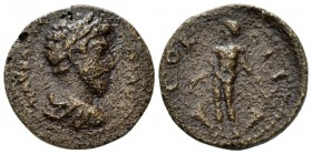 Corinthia, Corinth Marcus Aurelius, 161-180 Bronze circa 161-180, Æ 20mm., 5.22g. Laureate, draped and cuirassed bust r. Rev. Nude Isthmos standing, f...