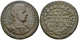 Lydia, Thyateira Elagabalus, 218-222 Medallion circa 218-222, Æ 44.5mm., 47.81g. Laureate, draped bust r., wearing cuirass with Gorgon's head. Rev. ΑΥ...