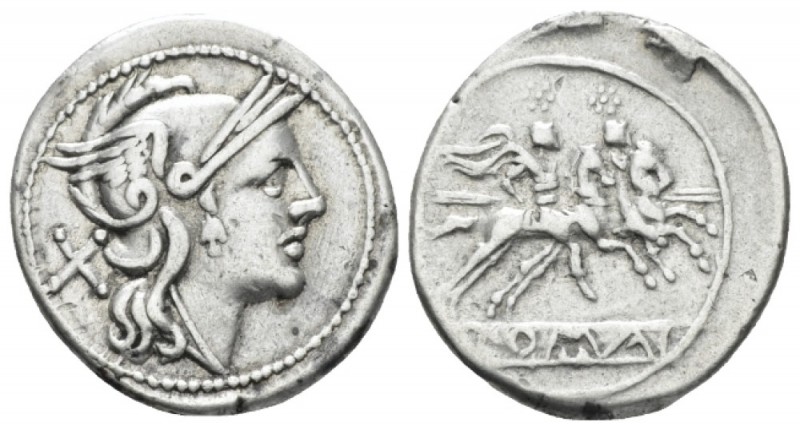 Denarius circa 214-213, AR 20mm., 4.30g. Helmeted head of Roma r.; behind, X. Re...